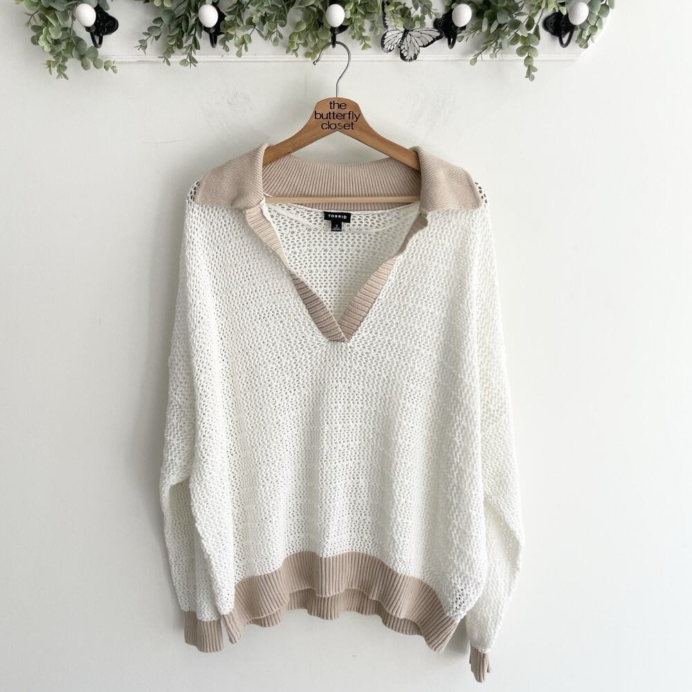 Torrid White And Tan Open Knit Oversized Casual Sweater Size 3X TT-25